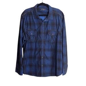 INC Men's Blue Plaid Button Down with Leather Accents Size XXL